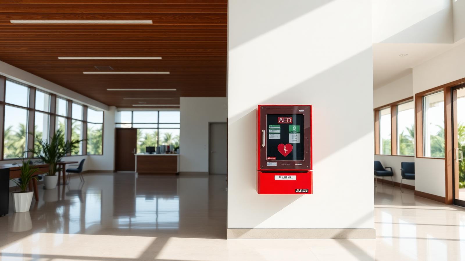 A wall-mounted AED defibrillator cabinet in a modern office lobby