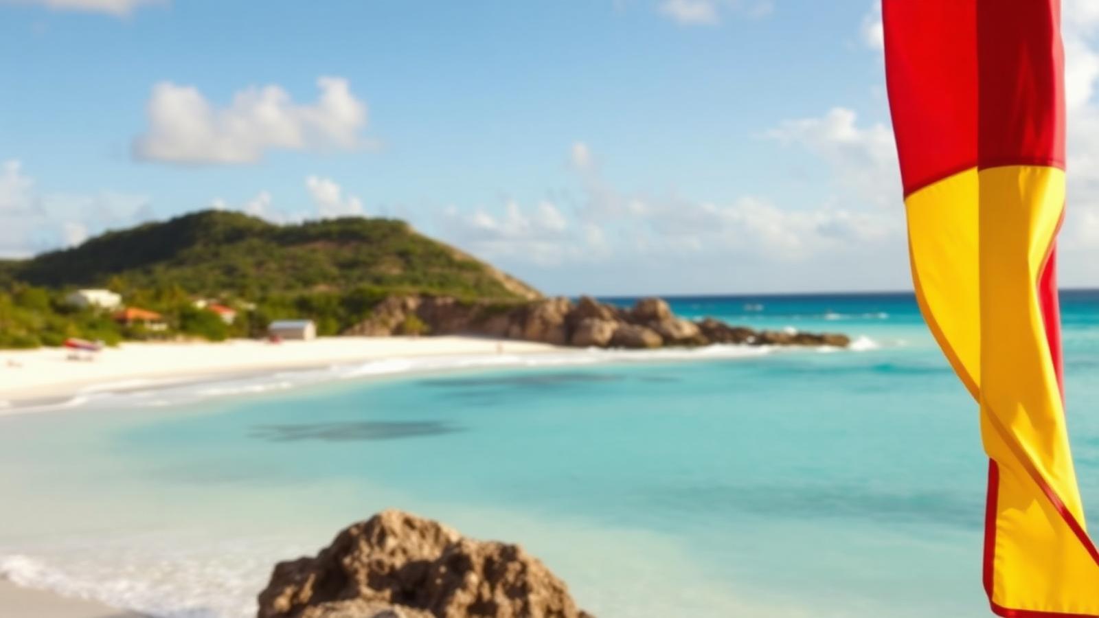 A red and yellow lifeguard flag on a Barbados beach with turquoise water
