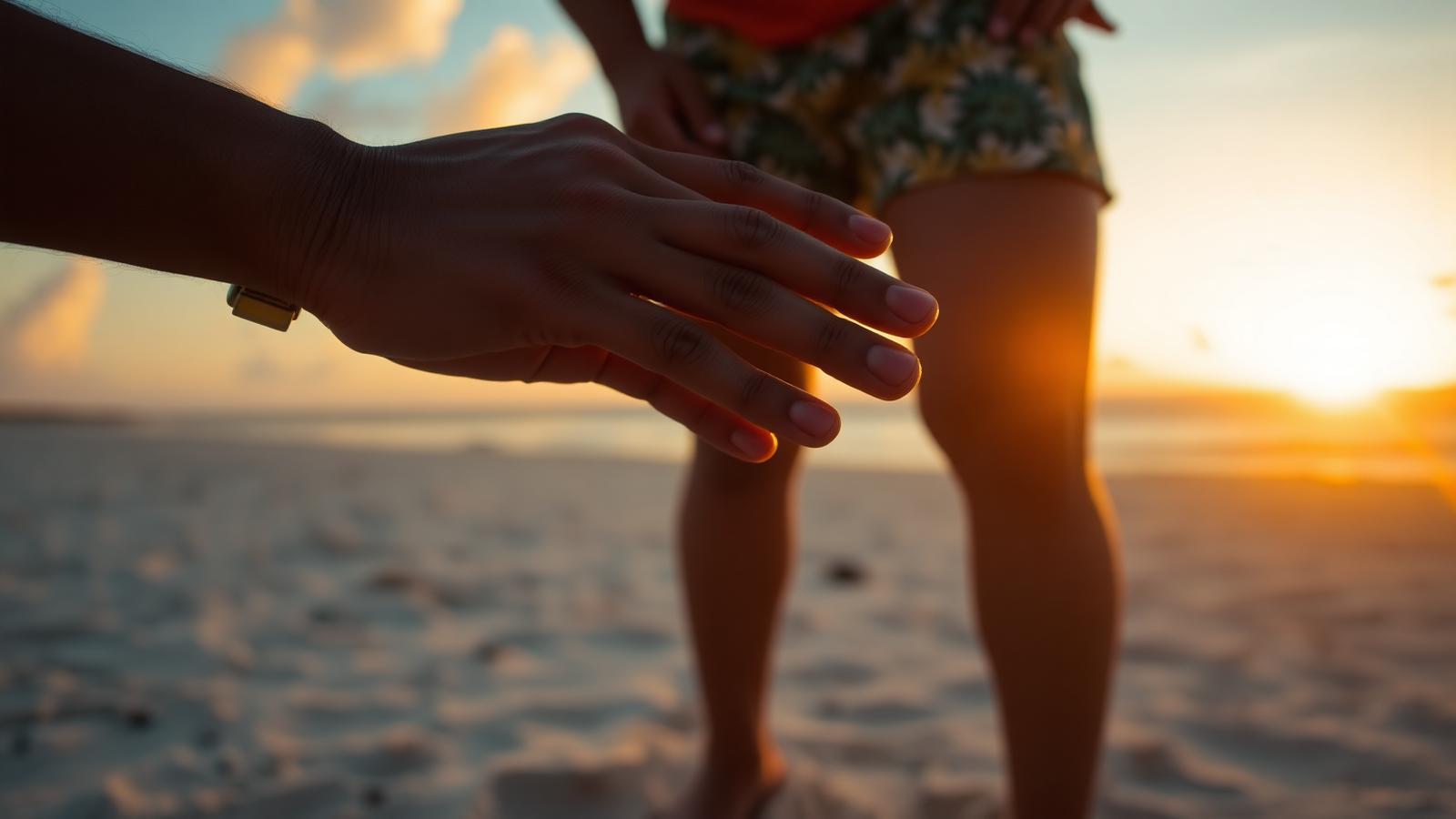 A helping hand reaching out on a Barbados beach at sunset